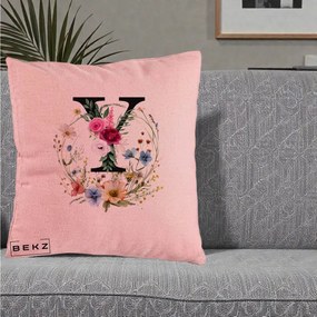 Cadou Personalizat - Perna Personalizata Monograma Florala Litera Y cu Coroana, 40x40 cm, Roz, Husa Detasabila, Perna Inclusa, BEKZ®