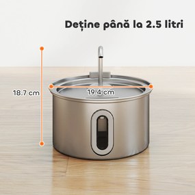 PawHut Fântână din Inox 2,5L pentru Pisici cu LED și 2 Moduri de Flux, Argintiu | Aosom Romania