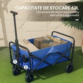 Outsunny Trolley de 62L pentru Festivaluri pe Roți, Cărucior de Grădină Pliabil, Wagon Compact cu Capacitate 120kg, Mâner Reglabil și Geantă pentru Plajă, Camping, Festivaluri, Albastru | Aosom Romania