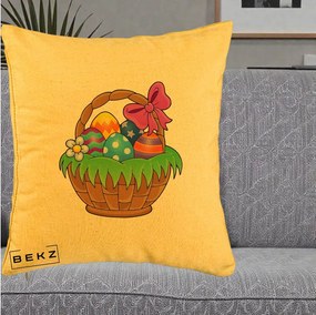 Perna Decorativa Cos cu Oua de Pasti Colorat, 40x40 cm, Galben, Husa Detasabila, Perna Inclusa, BEKZ®