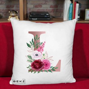 Cadou Personalizat - Perna Personalizata Monograma Rose Gold Litera L, 40x40 cm, Alb Pufos, Husa Detasabila, Perna Inclusa, BEKZ®