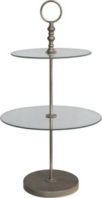 Etajeră vintage cu 2 tăvi din sticlă, finisaj alamă antichizată, H82/D45 cm