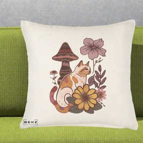 Perna Decorativa Pisica Vintage Florala Boho, 40x40 cm, Crem Reliefat, Husa Detasabila, Perna Inclusa, BEKZ®
