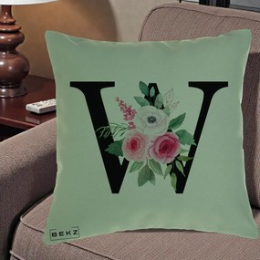 Cadou Personalizat - Perna Personalizata Monograma Florala Litera W cu Trandafiri si Anemona, 40x40 cm, Verde, Husa Detasabila, Perna Inclusa, BEKZ®