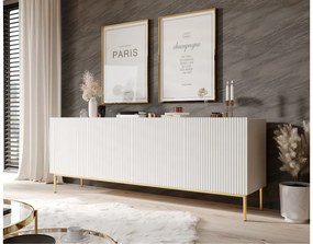 Comodă Nicole 200 cm cu patru uși, fronturi riflate - alb mat / picioare aurii