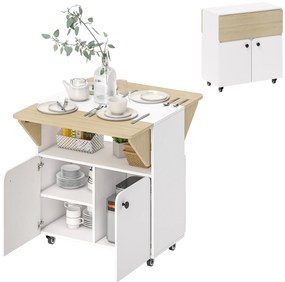 HOMCOM Masa de Dining Pliabilă cu Dulap pe Role, două părți pliabile ale mesei, Dulap, 4 Roți, Alb+Lemn natural, 70 x 83 x 75 cm | Aosom Romania
