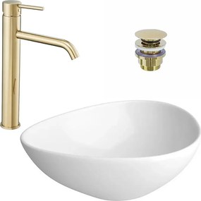 Pachet lavoar pe blat Cersanit Moduo alb 56.5 cm, baterie lavoar Rea Lungo auriu si ventil lavoar Click-Clack auriu