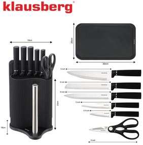 Set cuțite Klausberg KB 7977, 8 piese, Oțel inoxidabil, Suport, Suport hârtie de bucătărie, Negru