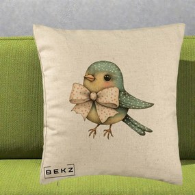 Perna Decorativa Pasare Teal cu Fundita cu Buline, 40x40 cm, Bej, Husa Detasabila, Perna Inclusa, BEKZ®