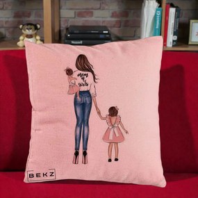 Cadou pentru Mama - Perna Personalizata Mom of Girls Mama cu Fetele, 40x40 cm, Roz, Husa Detasabila, Perna Inclusa, BEKZ®