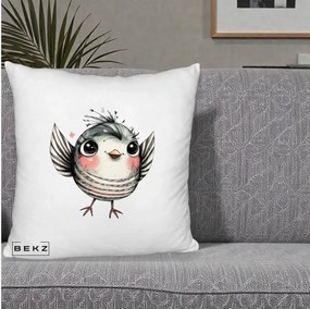 Perna Decorativa Pasare Gri cu Aripi si Inimioare, 40x40 cm, Alb Pufos, Husa Detasabila, Perna Inclusa, BEKZ®
