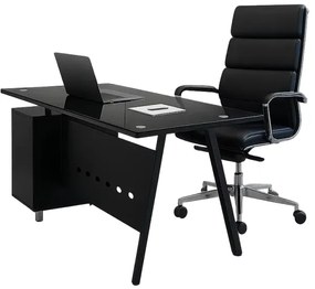 Set Birou premium  cu blat din sticla cu dulap lateral fix si scaun ergonomic, reglabil din piele ecologica -  design modern și elegant ,calitate premium