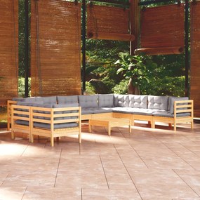 3096916 vidaXL Set mobilier de grădină cu perne, 11 piese, gri, lemn masiv pin
