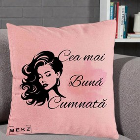 Cadou pentru Cumnata - Perna Personalizata Cea mai Buna Cumnata cu Silueta Dama si Pete Roz, 40x40 cm, Roz, Husa Detasabila, Perna Inclusa, BEKZ®