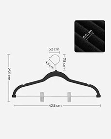 Set de 12 umerase de catifea ajustabile, Songmics, Negru-Argintiu, 42.5x0.6x23.5 cm