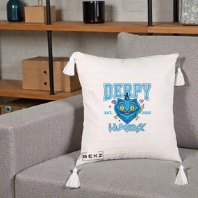 Perna Personalizata K-pop HUNTRX Derpy Pisica Albastra, 40x40 cm, Bej cu Franjuri, Husa Detasabila, Perna Inclusa, BEKZ®