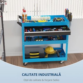 DURHAND Cărucior pentru Scule cu Mâner, Sertar și 3 Rafturi, Cărucior Unelte Practic și Spațios, 82x35x76 cm, Albastru | Aosom România