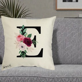 Cadou Personalizat - Perna Personalizata Monograma Florala Litera E, 40x40 cm, Ecru, Husa Detasabila, Perna Inclusa, BEKZ®