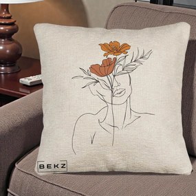 Perna Decorativa Portret Feminin Doua Flori, 40x40 cm, Bej Canapea, Husa Detasabila, Perna Inclusa, BEKZ®