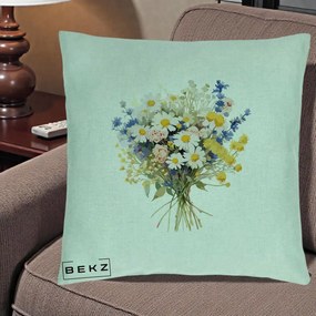 Perna Decorativa Buchet Camp Acuarela Margarete-Lavanda, 40x40 cm, Verde Menta, Husa Detasabila, Perna Inclusa, BEKZ®