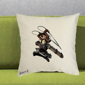 Perna Personalizata Attack on Titan Eren Yeager Lupta, 40x40 cm, Ecru, Husa Detasabila, Perna Inclusa, BEKZ®