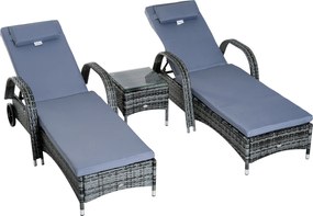 Outsunny Set 2 Sezlonguri si 1 Masuta de Gradina in Poli ratan Gri cu Saltea Captusita si Roti | Aosom Romania