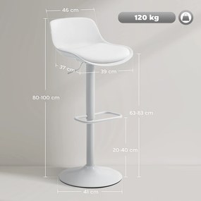 HOMCOM Set de 2 Scaune de Bar Rotative cu Spătar și Înălțime Reglabilă Alb | Aosom Romania