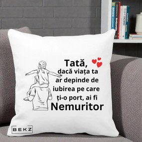 Cadou pentru Tata - Perna Personalizata Tata Supererou Nemuritor, 40x40 cm, Alba Mata, Husa Detasabila, Perna Inclusa, BEKZ®