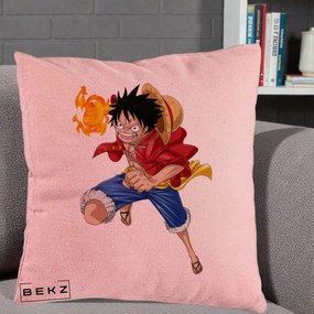 Perna Personalizata One Piece Luffy Gear Second Foc, 40x40 cm, Roz, Husa Detasabila, Perna Inclusa, BEKZ®
