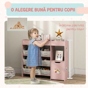 AIYAPLAY Raft pentru Jucării pentru Copii din Lemn, cu 9 Cutii Detașabile și Dulăpior, Roz, 92x30x80 cm | Aosom Romania