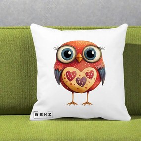 Perna Decorativa Bufnita Rosie cu Inimi Aurii, 40x40 cm, Alba Mata, Husa Detasabila, Perna Inclusa, BEKZ®