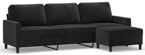Canapea cu 3 locuri si taburet, negru, 210 cm, catifea