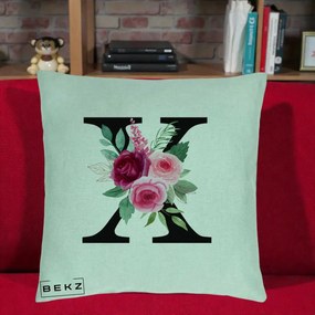Cadou Personalizat - Perna Personalizata Monograma Florala Litera X cu Buchet, 40x40 cm, Verde Menta, Husa Detasabila, Perna Inclusa, BEKZ®
