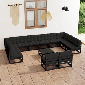 Set mobilier grădină cu perne, 13 piese, negru, lemn masiv pin