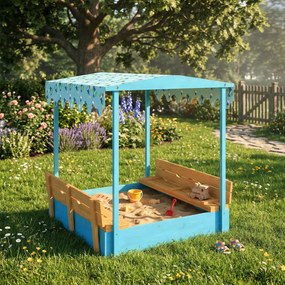 AIYAPLAY Lădiță cu Nisip pentru Copii 3-6 Ani cu Acoperiș Dinosauri, Bănci Pliabile, Capac și Husă Incluse, Lădiță de Nisip din Lemn de Brad, 134,5x127,5x130 cm, Albastru | Aosom Romania