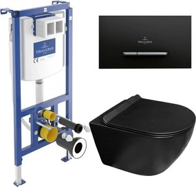 Set rezervor WC cu cadru incastrat Villeroy&Boch ViConnect si clapeta de actionare ViConnect 300S negru mat plus vas WC Rune Ivaldi Grande cu capac softclose