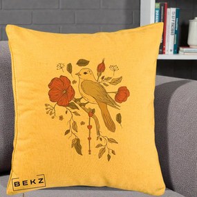 Perna Decorativa Pasare pe Ramura cu Maci, 40x40 cm, Galben, Husa Detasabila, Perna Inclusa, BEKZ®