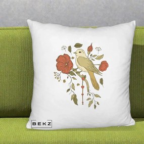 Perna Decorativa Pasare pe Ramura cu Maci, 40x40 cm, Alb Pufos, Husa Detasabila, Perna Inclusa, BEKZ®