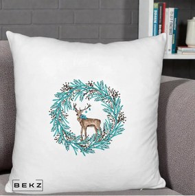 Perna Decorativa Coroana Turcoaz cu Ren, 40x40 cm, Alb Pufos, Husa Detasabila, Perna Inclusa, BEKZ®