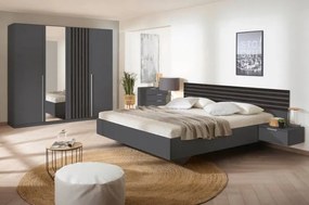 Cadru pat (180x200cm) cu noptiere incorporate gri metalic/stejar negru LAMELLA