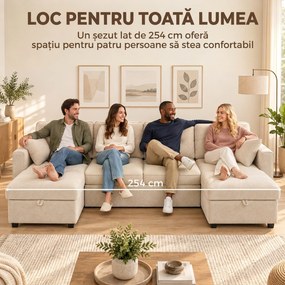 HOMCOM Colțar extensibil mare în formă de U, cu 2 șezlonguri, spații de depozitare și 2 perne, din șenilă, bej | Aosom Romania