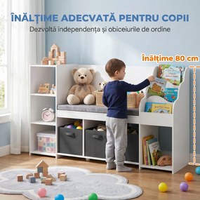 AIYAPLAY Raft Depozitare Jucării Copii 3-8 Ani cu Bibliotecă pe 3 Niveluri, 3 Sertare, 4 Compartimente, Pernă, Alb | Aosom Romania
