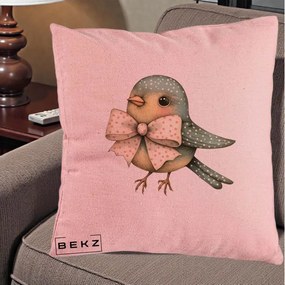 Perna Decorativa Pasare Teal cu Fundita cu Buline, 40x40 cm, Roz, Husa Detasabila, Perna Inclusa, BEKZ®