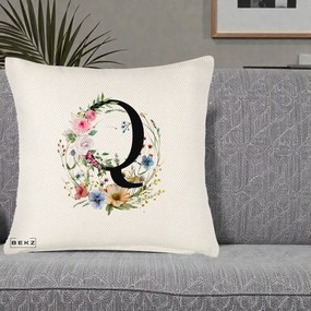 Cadou Personalizat - Perna Personalizata Monogram Litera Q cu Flori Acuarela, 40x40 cm, Crem Reliefat, Husa Detasabila, Perna Inclusa, BEKZ®