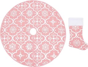 vidaXL Covor fustă de brad Crăciun cu șosetă, roz, 150 cm, țesătură