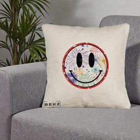 Perna Decorativa Smiley Face cu Artificii Multicolore, 40x40 cm, Bej Canapea, Husa Detasabila, Perna Inclusa, BEKZ®