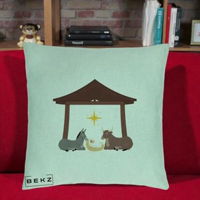 Perna Decorativa Ieslea din Betleem cu Iesle Asin si Bou, 40x40 cm, Verde Menta, Husa Detasabila, Perna Inclusa, BEKZ®