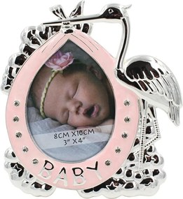 Ramă Foto BABY Barză Roz AZAY cu Cristale, 8x10 cm, Ramă Foto Nou-Născut, Cadou Botez Fetiță, Cutie Cadou Inclusă