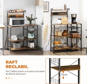 HOMCOM Raft de Bucatarie cu Prize Mutiple, Dulap Bucatarie pentru Microunde cu Rafturi si Cos din Sarma Stil Industrial, 90x42x130cm, Maro