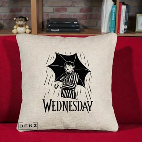 Perna Personalizata Wednesday cu Umbrela Ploaie Lineart, 40x40 cm, Bej Canapea, Husa Detasabila, Perna Inclusa, BEKZ®